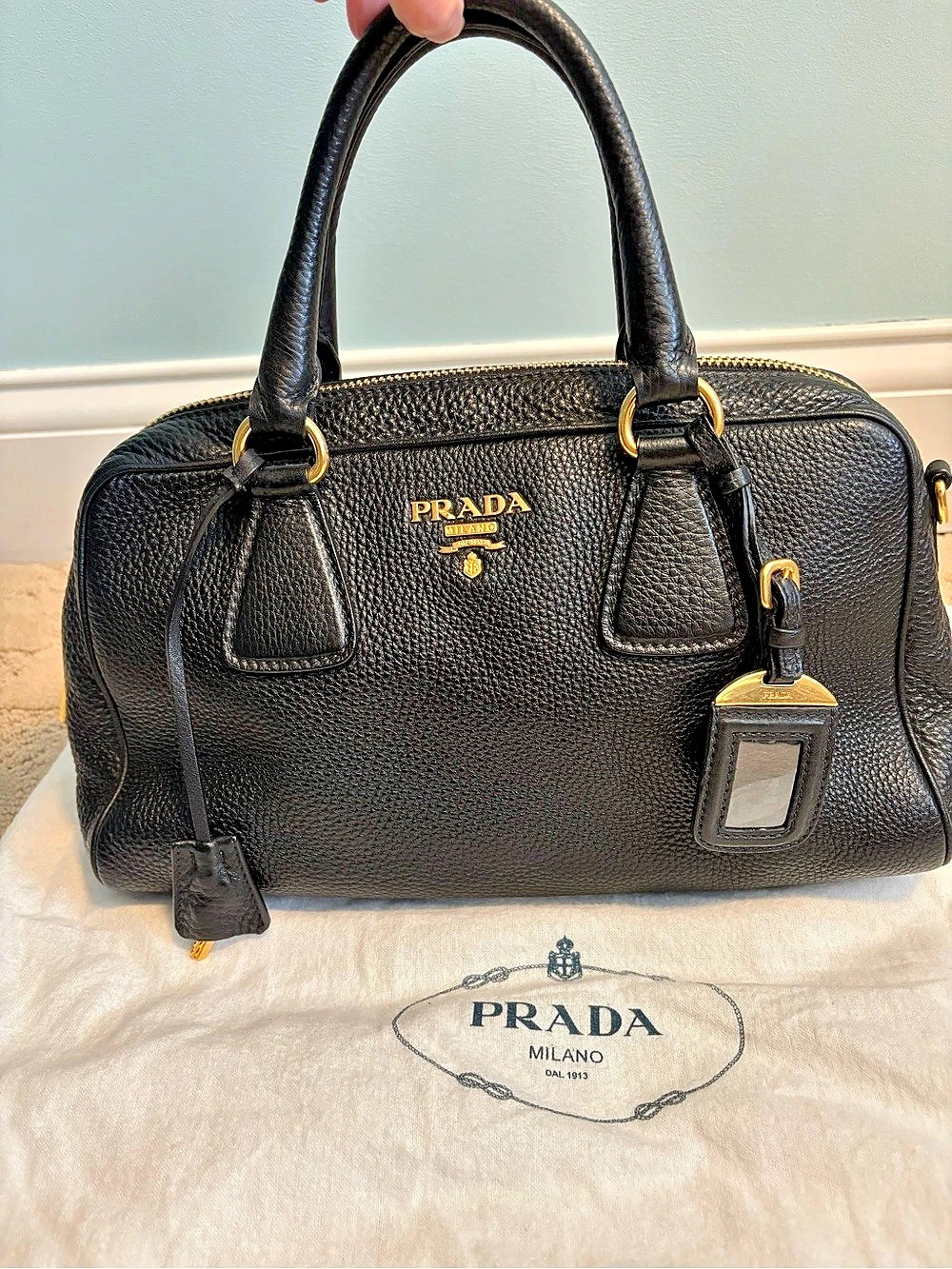 Prada Vitello Daino Boston Bag Black Leather Satchel